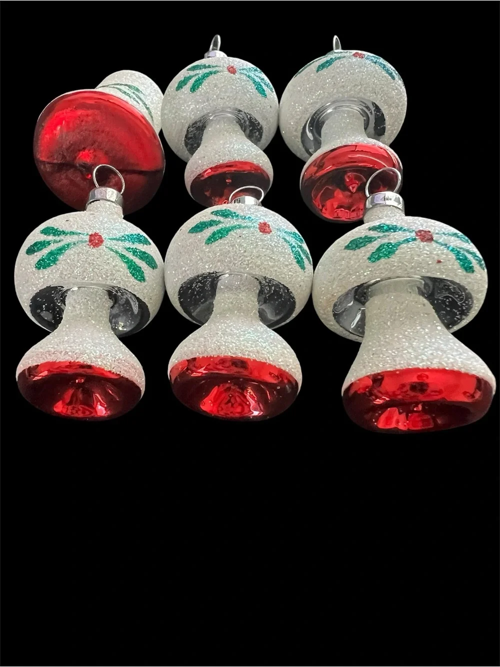 Vintage Blown Glass Glitter Mushroom and Bell Ornaments - lot of 6